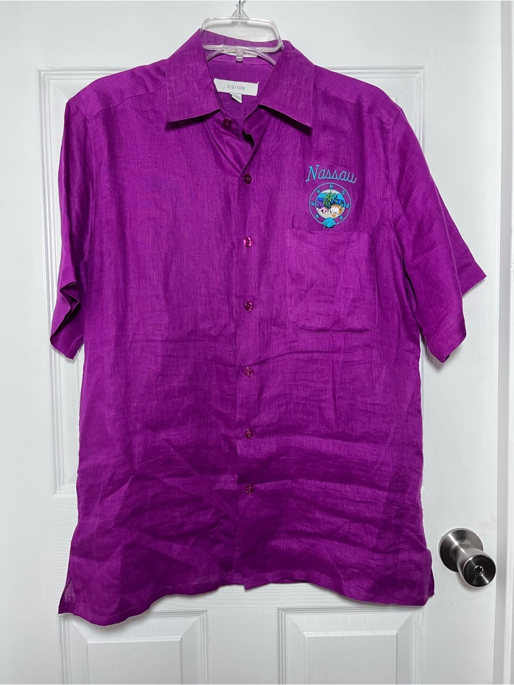 Visitor Embroidered 1990’s Deep Magenta Short-Sleeve Linen Button-Down Shirt